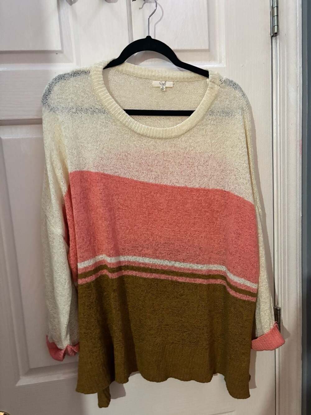 Easel Women's Colorblock Pullover Sweater Size M Cream Pink Mustard Stripe